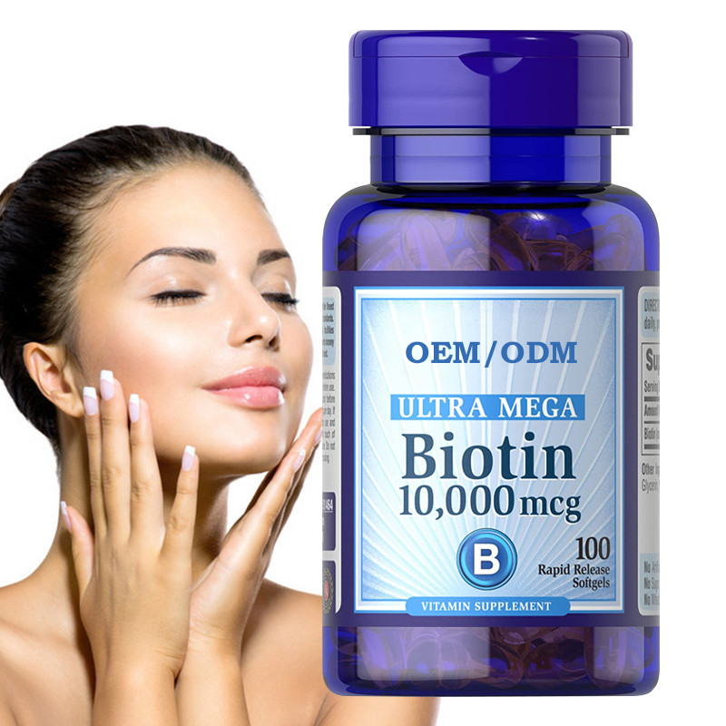 OEM SkincareのビオチンのビタミンのGummiesの毛の皮および釘の再生10000 Mcg Softgels 100の計算