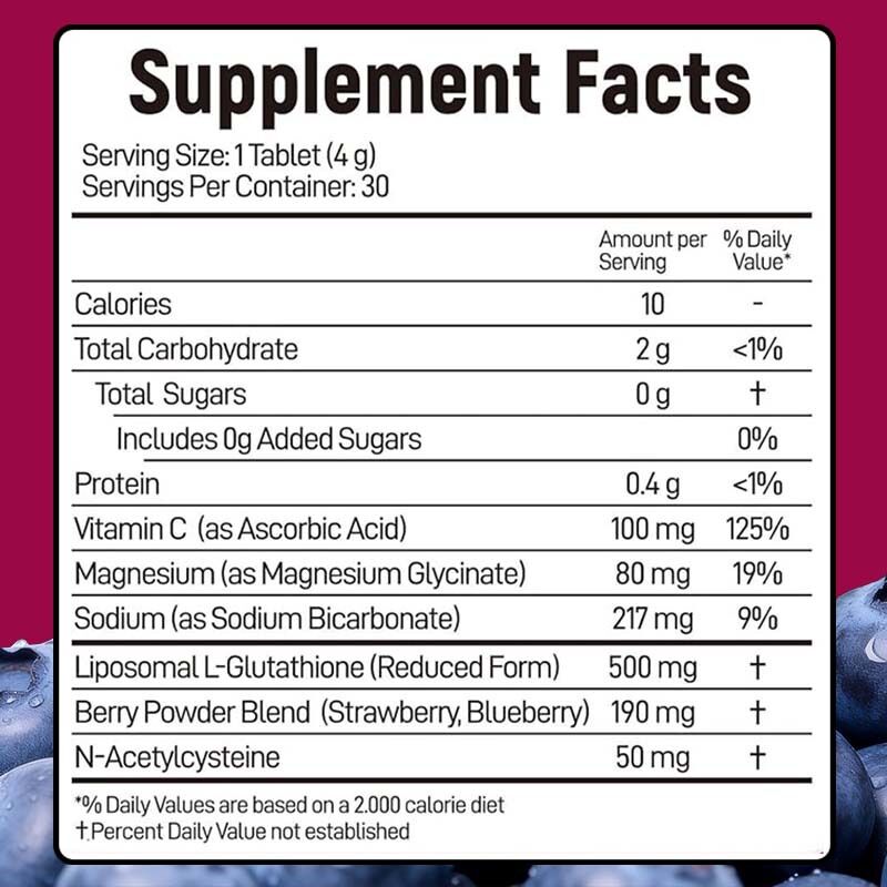 Private Label Customizable Hydrated Glutathione Effervescent Tablets with Antioxidant Related Constituents and Quick Dissolving Formula